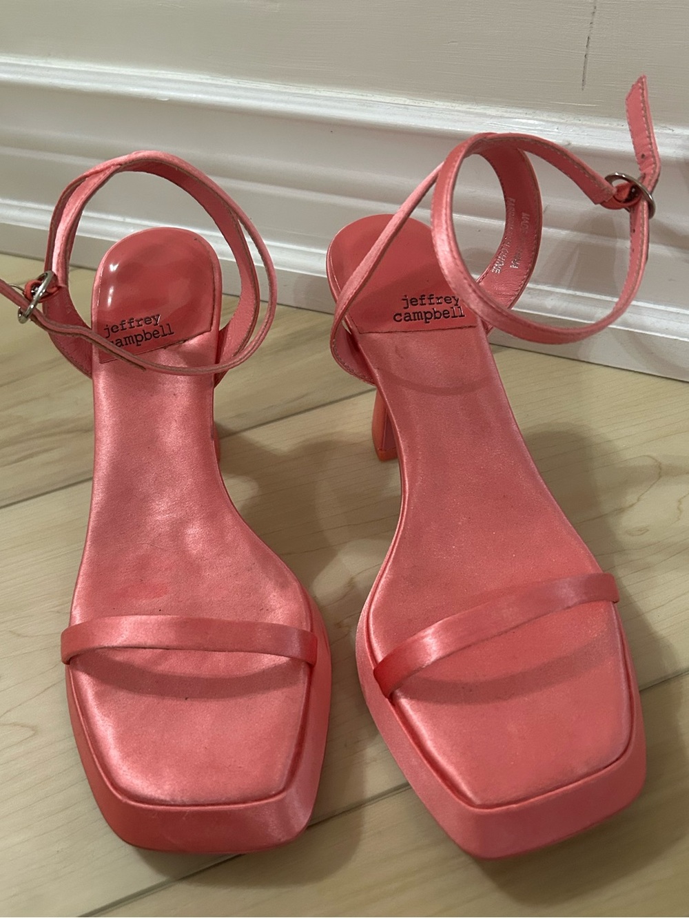 Jeffrey Campbell Pink Satin Square-Toe Ankle-Strap Heels